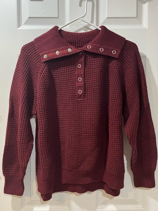 Retrod Sweaters - Ribbed Snap-Collar Knit Sweater in Deep Burgundy